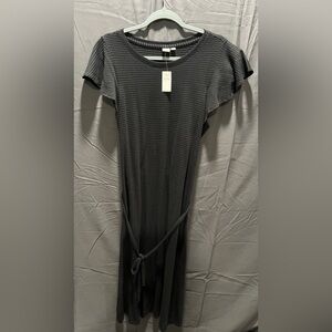 Gap Black Stripe Flutter Sleeve Midi Dress  Size Large Tie Waist NWT